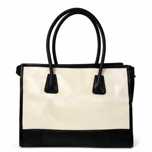 Tanger Cream Black Colorblock Tote Bag Braided Handle Faux Leather Shoulder Bag